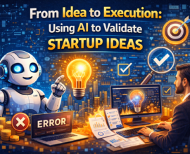 Illustration showing a startup founder moving from idea to execution using artificial intelligence, with AI analysing market data, customer feedback, trends, and validation insights to test and refine a startup idea.