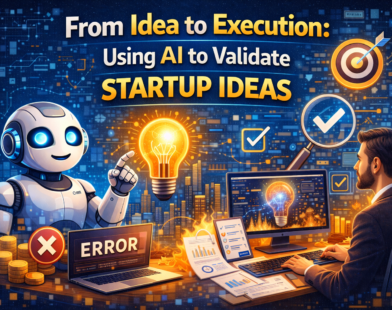 Illustration showing a startup founder moving from idea to execution using artificial intelligence, with AI analysing market data, customer feedback, trends, and validation insights to test and refine a startup idea.