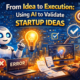 Illustration showing a startup founder moving from idea to execution using artificial intelligence, with AI analysing market data, customer feedback, trends, and validation insights to test and refine a startup idea.