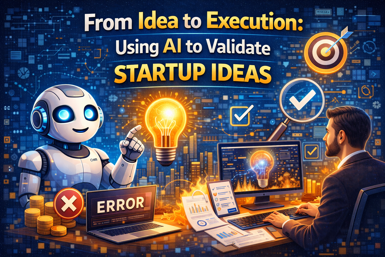 Illustration showing a startup founder moving from idea to execution using artificial intelligence, with AI analysing market data, customer feedback, trends, and validation insights to test and refine a startup idea.