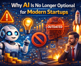 Illustration showing modern startups using artificial intelligence for growth, with AI dashboards, automation tools, data analytics, and founders making smarter decisions, highlighting why AI is essential for startup success.