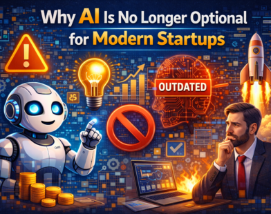 Illustration showing modern startups using artificial intelligence for growth, with AI dashboards, automation tools, data analytics, and founders making smarter decisions, highlighting why AI is essential for startup success.