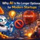 Illustration showing modern startups using artificial intelligence for growth, with AI dashboards, automation tools, data analytics, and founders making smarter decisions, highlighting why AI is essential for startup success.