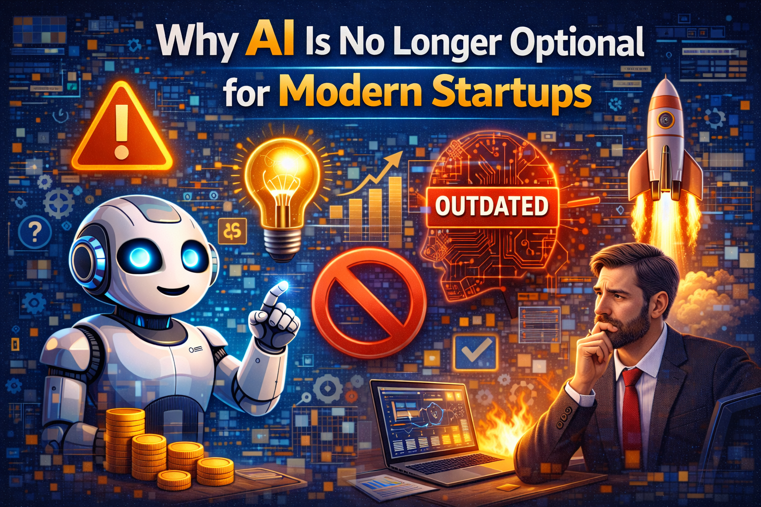 Illustration showing modern startups using artificial intelligence for growth, with AI dashboards, automation tools, data analytics, and founders making smarter decisions, highlighting why AI is essential for startup success.