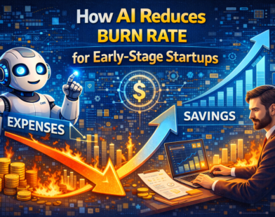 Illustration showing an early-stage startup reducing burn rate using artificial intelligence, with AI dashboards analysing expenses, cost-saving automation, cash-flow charts, and a founder monitoring financial runway and growth.
