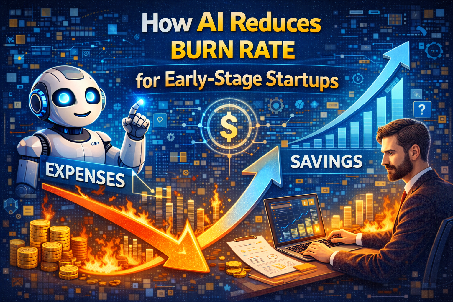 Illustration showing an early-stage startup reducing burn rate using artificial intelligence, with AI dashboards analysing expenses, cost-saving automation, cash-flow charts, and a founder monitoring financial runway and growth.