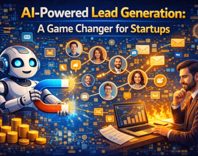 showing AI-powered lead generation for startups, with artificial intelligence analysing customer data, marketing funnels, and lead scoring dashboards to identify high-quality prospects and drive growth.