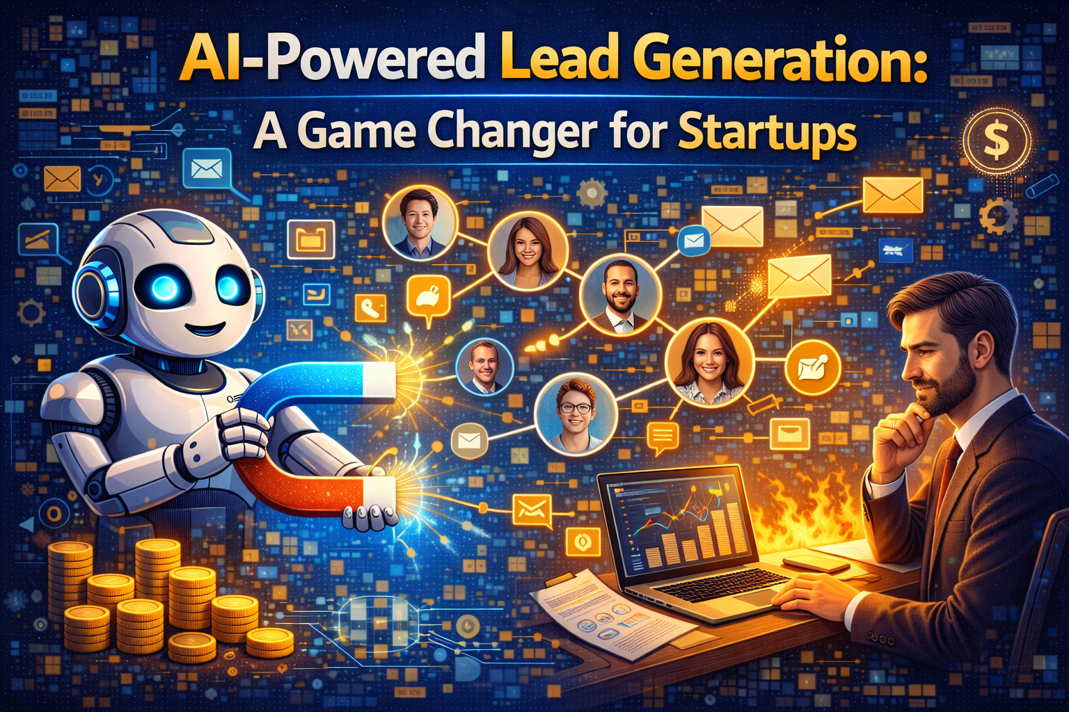 showing AI-powered lead generation for startups, with artificial intelligence analysing customer data, marketing funnels, and lead scoring dashboards to identify high-quality prospects and drive growth.