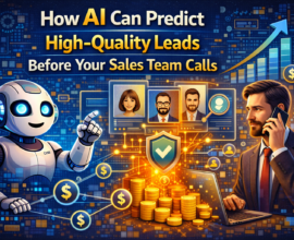 AI predicting high-quality sales leads before contact, with artificial intelligence analysing customer behaviour, lead scoring dashboards, intent signals, and a sales team preparing calls using AI insights.