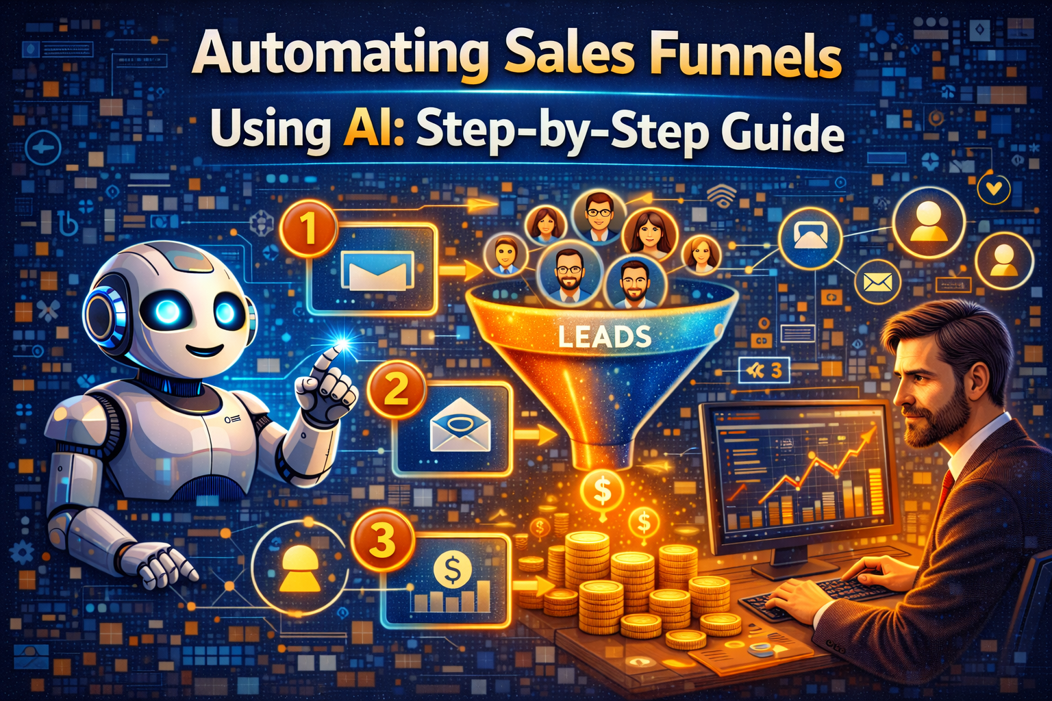AI automating a sales funnel, with artificial intelligence managing lead capture, lead scoring, personalised nurturing, and automated follow-ups to guide prospects through each funnel stage.