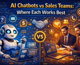 comparing AI chatbots and human sales teams, showing an AI chatbot handling automated lead qualification and instant responses while a sales team focuses on relationship building, negotiation, and closing deals.