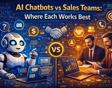 comparing AI chatbots and human sales teams, showing an AI chatbot handling automated lead qualification and instant responses while a sales team focuses on relationship building, negotiation, and closing deals.