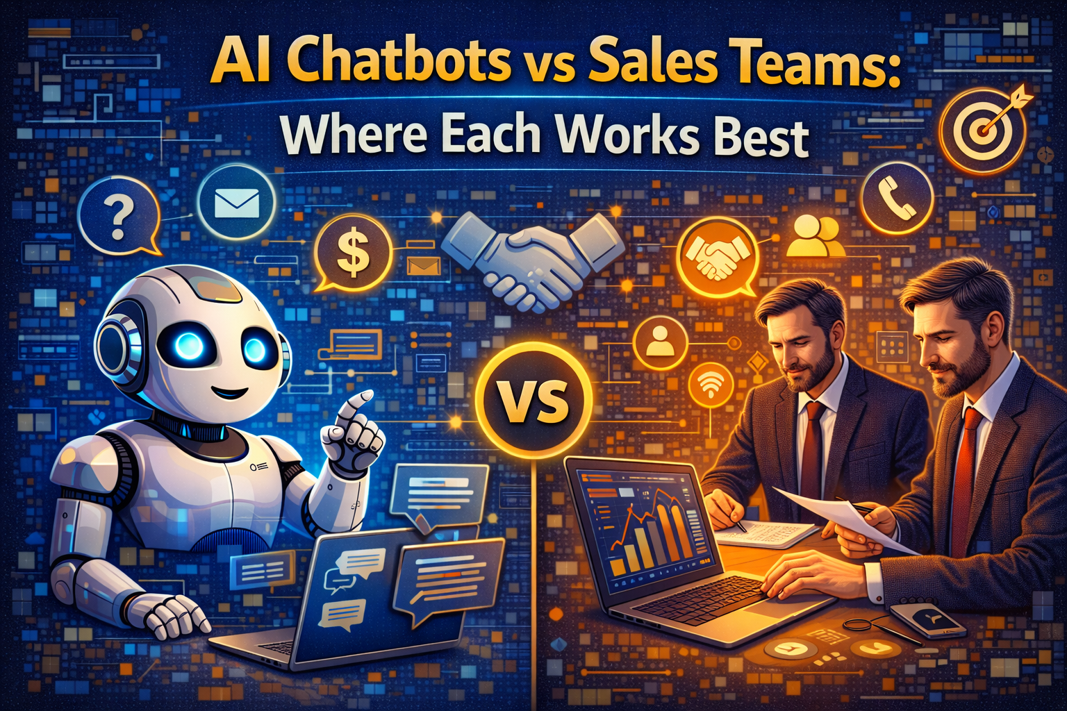 comparing AI chatbots and human sales teams, showing an AI chatbot handling automated lead qualification and instant responses while a sales team focuses on relationship building, negotiation, and closing deals.