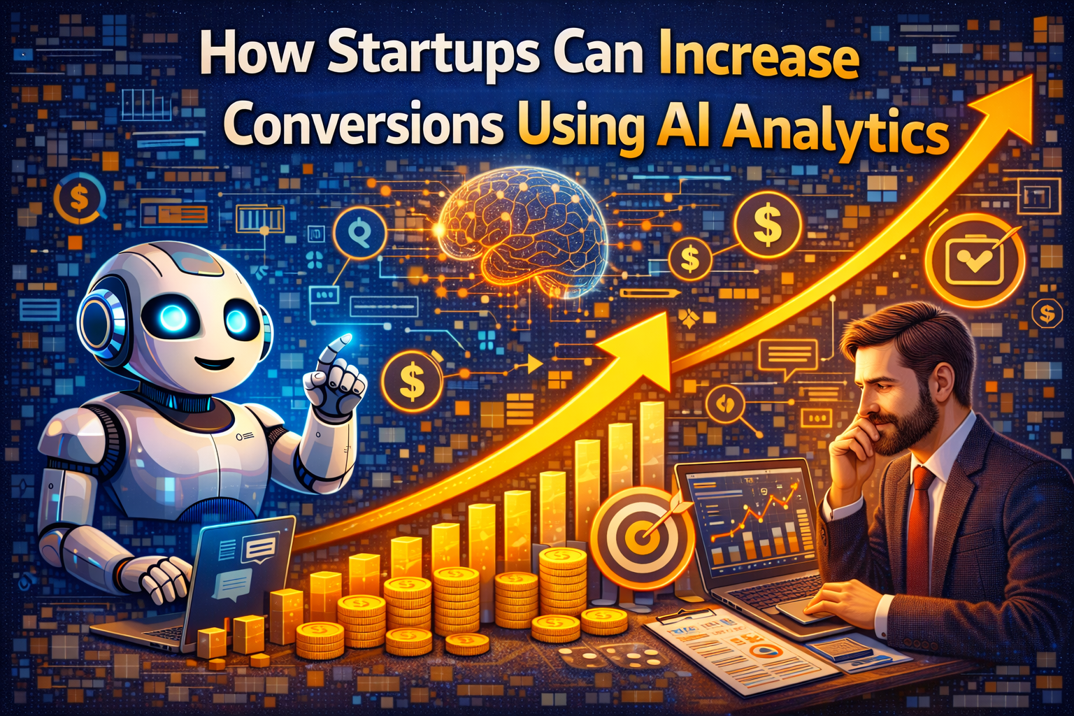 startups using AI analytics to increase conversions, with artificial intelligence analysing customer behaviour, conversion funnels, heatmaps, and data dashboards to optimise user journeys.