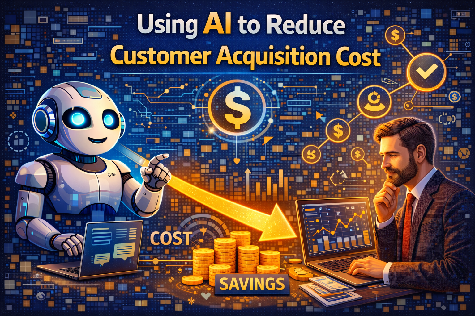 startups using artificial intelligence to reduce customer acquisition cost, with AI analysing marketing spend, lead quality, conversion funnels, and customer behaviour to optimise costs and improve efficiency.