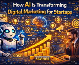 startups using artificial intelligence in digital marketing, with AI analysing customer data, marketing campaigns, social media, SEO performance, and conversion analytics to drive growth.