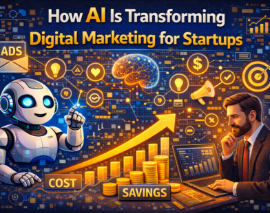 startups using artificial intelligence in digital marketing, with AI analysing customer data, marketing campaigns, social media, SEO performance, and conversion analytics to drive growth.