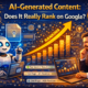 AI-generated content being analysed by Google search algorithms, with artificial intelligence writing content, SEO indicators, rankings, and quality signals representing how AI content can rank on Google.