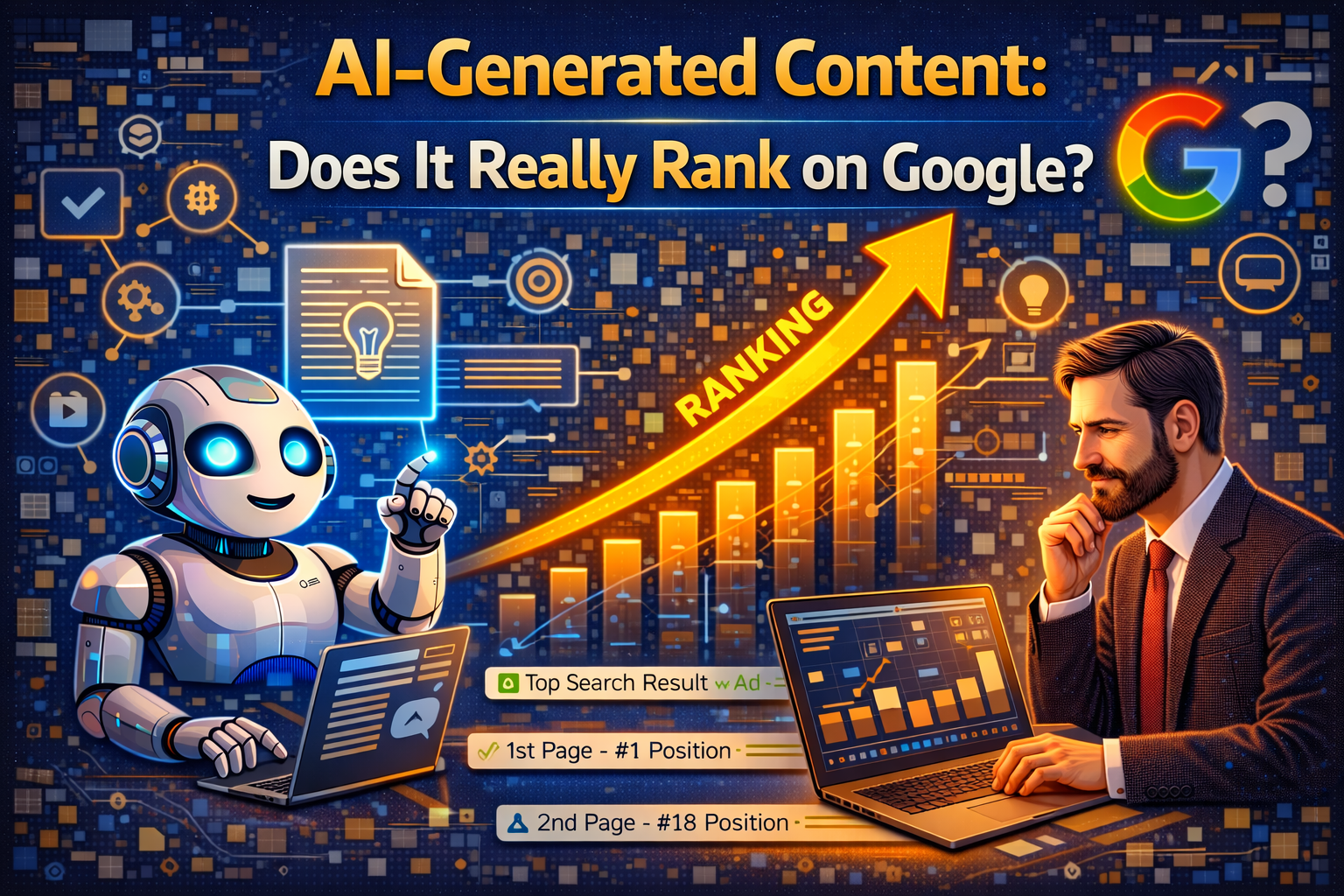 AI-generated content being analysed by Google search algorithms, with artificial intelligence writing content, SEO indicators, rankings, and quality signals representing how AI content can rank on Google.