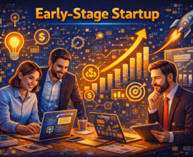 early-stage startup team analysing data, validating ideas, managing growth metrics, and planning business strategy using digital tools, charts, and dashboards in a collaborative workspace.