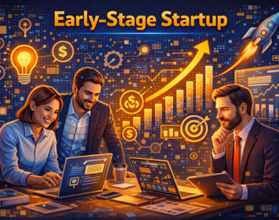 early-stage startup team analysing data, validating ideas, managing growth metrics, and planning business strategy using digital tools, charts, and dashboards in a collaborative workspace.