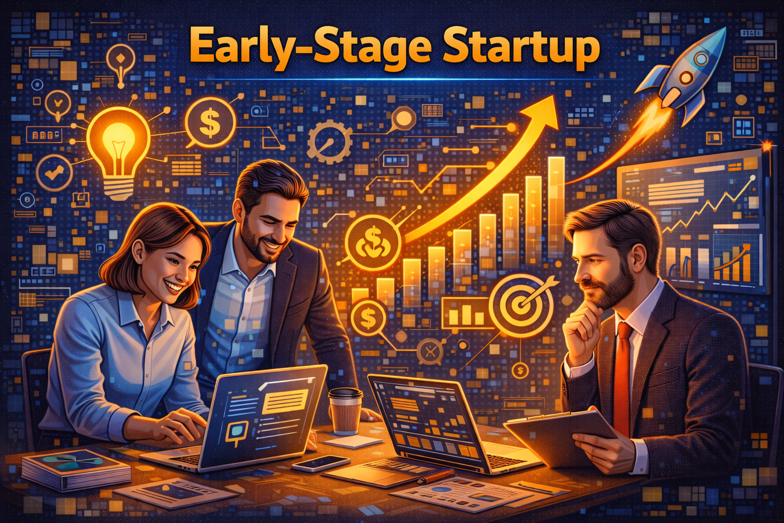 early-stage startup team analysing data, validating ideas, managing growth metrics, and planning business strategy using digital tools, charts, and dashboards in a collaborative workspace.
