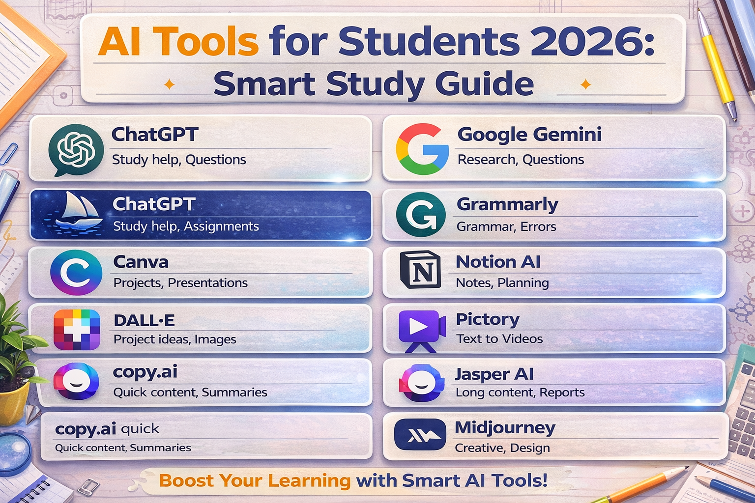 AI tools for students 2026 infographic showing ChatGPT, Google Gemini, Grammarly, Canva, Notion AI, DALL·E, Pictory, Copy.ai, Jasper AI, and Midjourney for smart study and learning