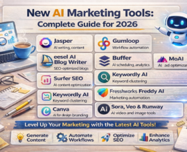 New AI marketing tools infographic for 2026 showing Jasper, Surfer SEO, Canva, Gumloop, Buffer, MoAI, Keywordly AI, Freshworks Freddy AI, and AI video tools for digital marketing