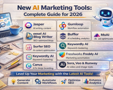 New AI marketing tools infographic for 2026 showing Jasper, Surfer SEO, Canva, Gumloop, Buffer, MoAI, Keywordly AI, Freshworks Freddy AI, and AI video tools for digital marketing