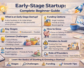 Early-stage startup infographic explaining startup meaning, stages, funding options, common challenges, growth tips, and mistakes to avoid for new founders