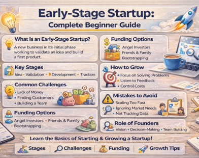 Early-stage startup infographic explaining startup meaning, stages, funding options, common challenges, growth tips, and mistakes to avoid for new founders