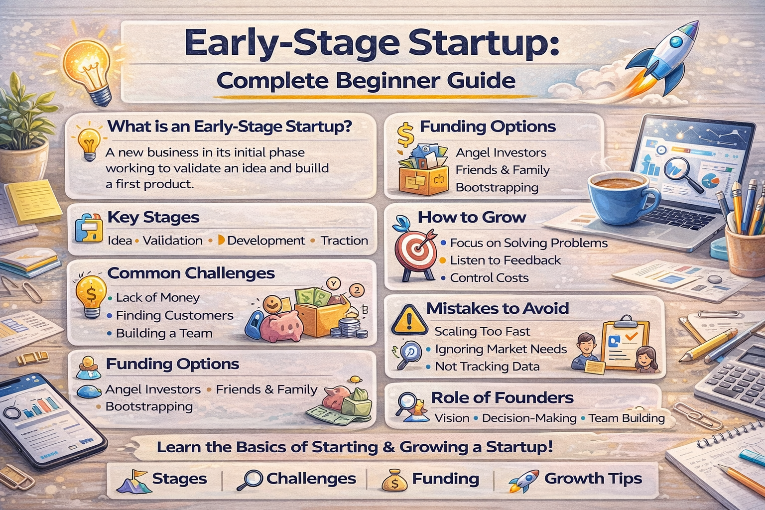 Early-stage startup infographic explaining startup meaning, stages, funding options, common challenges, growth tips, and mistakes to avoid for new founders