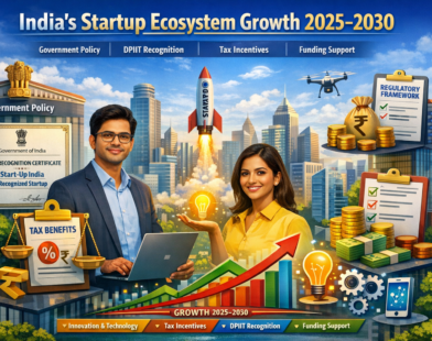 Infographic showing India’s startup ecosystem growth from 2025 to 2030 with government policy, DPIIT recognition certificate, tax incentives, funding support, entrepreneurs, city skyline, and an upward growth chart.