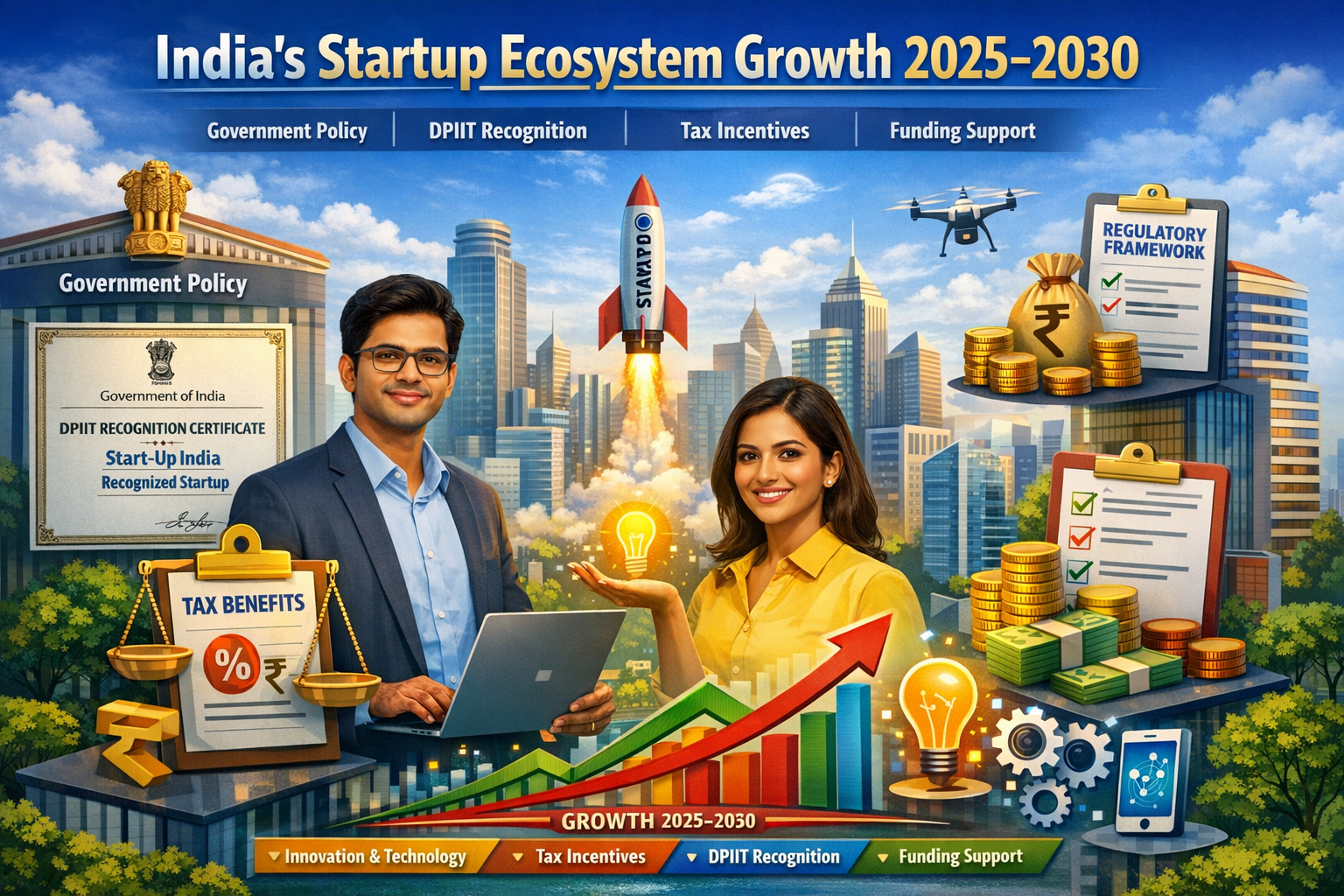 Infographic showing India’s startup ecosystem growth from 2025 to 2030 with government policy, DPIIT recognition certificate, tax incentives, funding support, entrepreneurs, city skyline, and an upward growth chart.