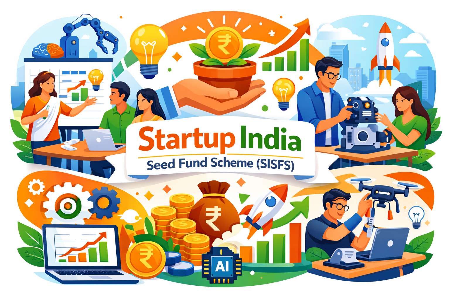 Illustration of the Startup India Seed Fund Scheme showing diverse Indian founders, incubator mentorship, seed funding, prototype development, innovation icons, growth charts, and technology tools in a modern flat vector style.