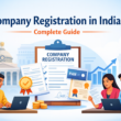 Company registration in India showing entrepreneurs completing legal documents, PAN card, and business registration process