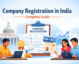 Company registration in India showing entrepreneurs completing legal documents, PAN card, and business registration process