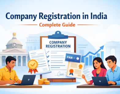 Company registration in India showing entrepreneurs completing legal documents, PAN card, and business registration process