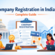 Company registration in India showing entrepreneurs completing legal documents, PAN card, and business registration process