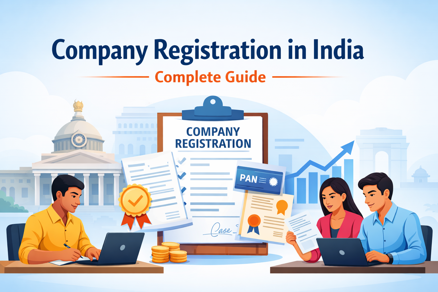 Company registration in India showing entrepreneurs completing legal documents, PAN card, and business registration process