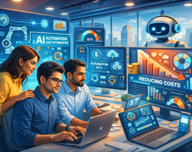 Three startup founders work in a modern office surrounded by AI dashboards and charts showing reduced costs, automation metrics, and operational optimization.