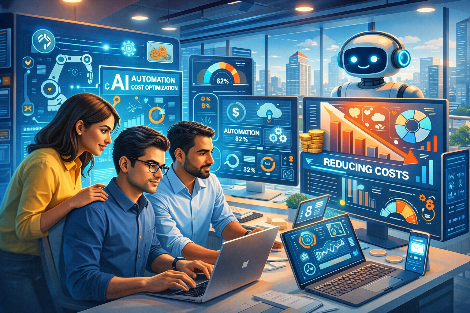 Three startup founders work in a modern office surrounded by AI dashboards and charts showing reduced costs, automation metrics, and operational optimization.