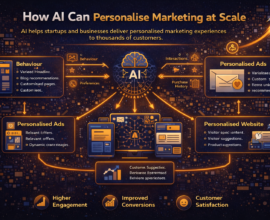 Guide-style infographic showing how AI personalises marketing at scale by analysing customer behaviour, preferences, interactions, and purchase history to deliver personalised ads, emails, content, and website experiences.