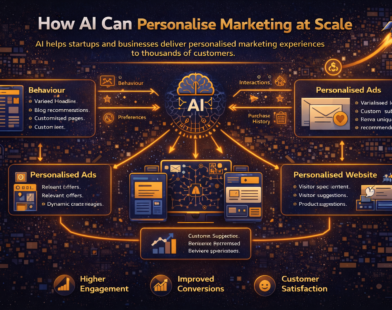 Guide-style infographic showing how AI personalises marketing at scale by analysing customer behaviour, preferences, interactions, and purchase history to deliver personalised ads, emails, content, and website experiences.