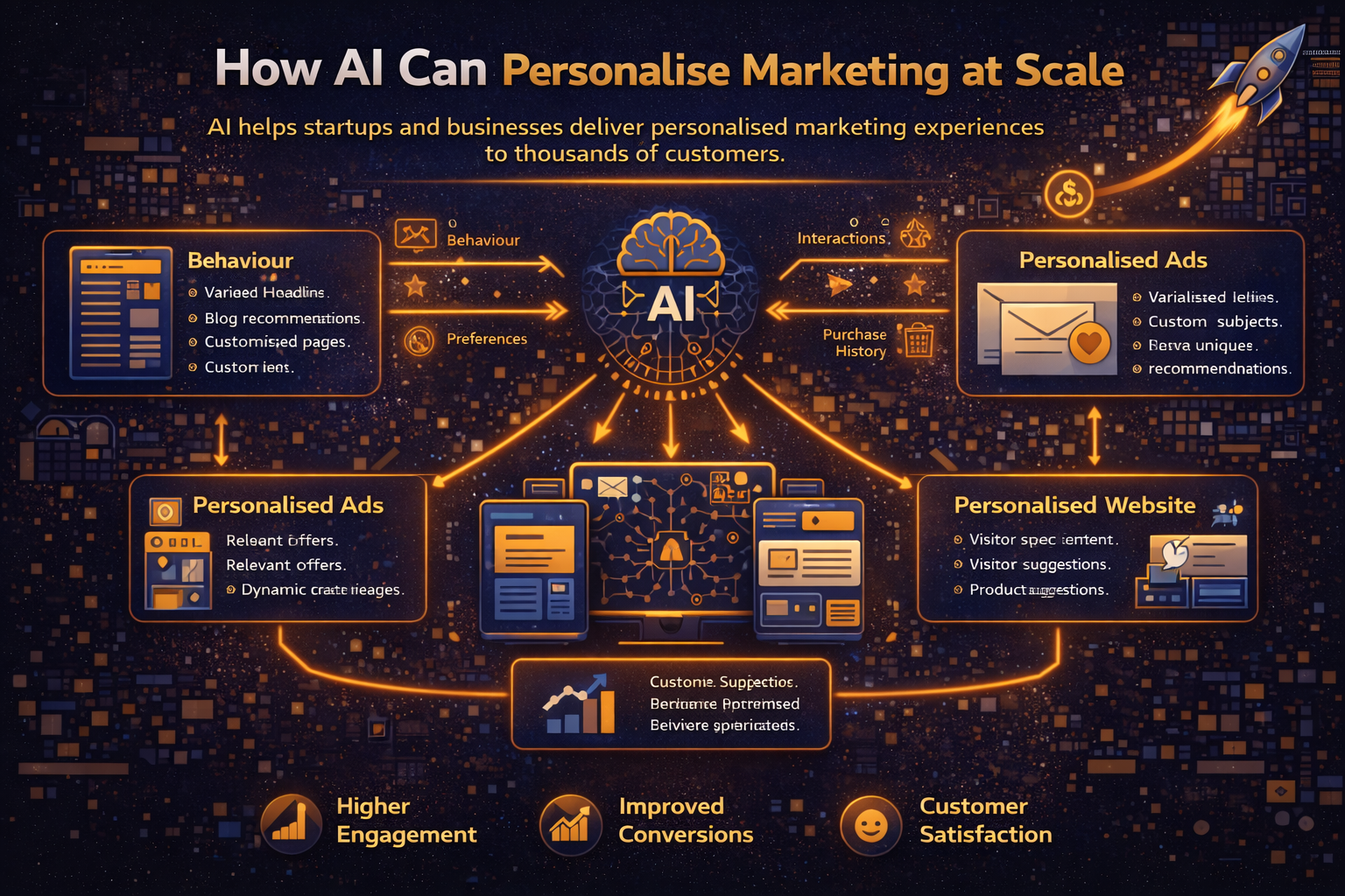 Guide-style infographic showing how AI personalises marketing at scale by analysing customer behaviour, preferences, interactions, and purchase history to deliver personalised ads, emails, content, and website experiences.