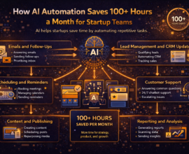 Guide-style infographic showing how AI automation saves over 100 hours a month for startup teams by automating emails, scheduling, lead management, reporting, marketing tasks, and customer support.