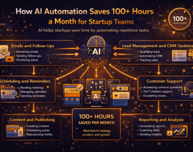 Guide-style infographic showing how AI automation saves over 100 hours a month for startup teams by automating emails, scheduling, lead management, reporting, marketing tasks, and customer support.