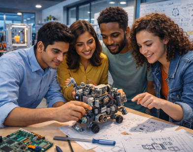 Four young tech entrepreneurs examine a small robotic prototype on a workbench covered with circuit boards and design sketches in a collaborative startup lab.