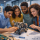 Four young tech entrepreneurs examine a small robotic prototype on a workbench covered with circuit boards and design sketches in a collaborative startup lab.
