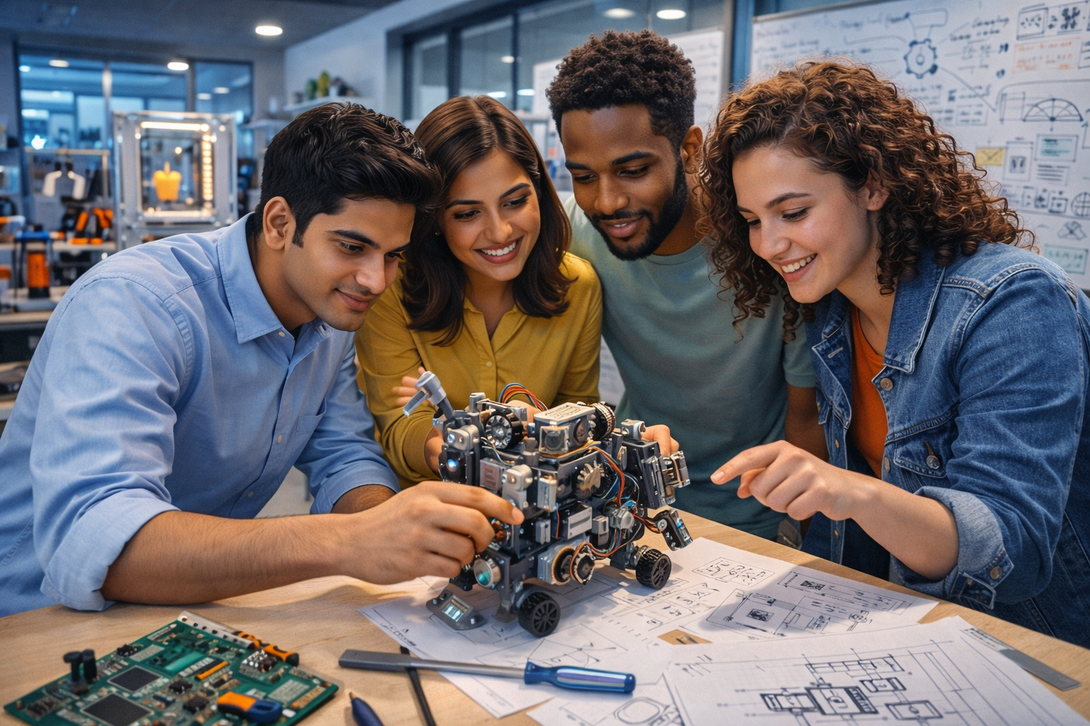 Four young tech entrepreneurs examine a small robotic prototype on a workbench covered with circuit boards and design sketches in a collaborative startup lab.